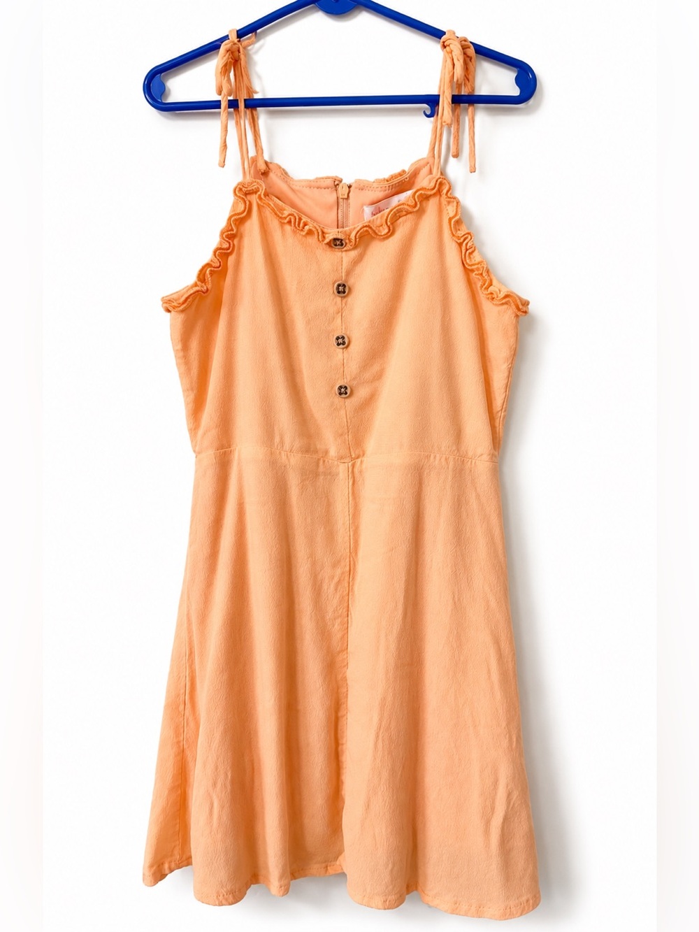 GB Girls Orange Sleeveless Dress Ruffle Trim Button Front Tie Strap Size 6